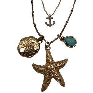 Layered Gold Necklace With Charms - Starfish Anchor & Blue Gem  Summer Beach M10